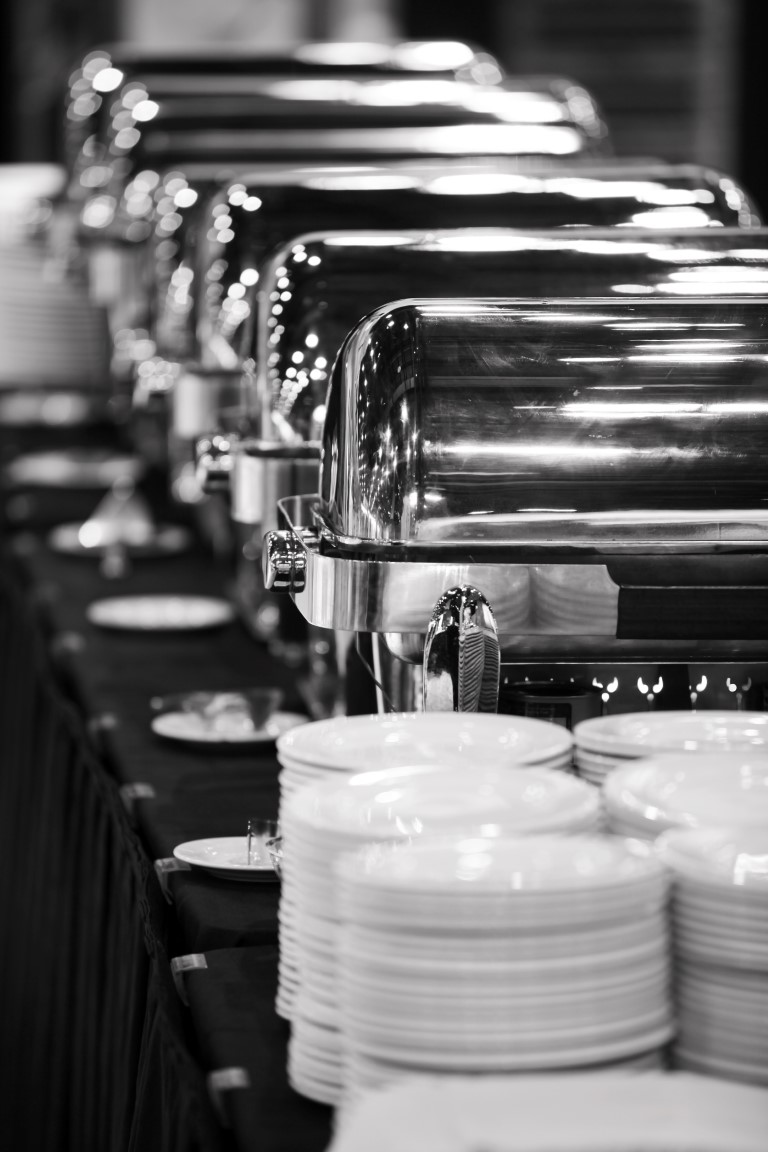 Many,Buffet,Trays,Ready,For,Service,In,Black,And,White